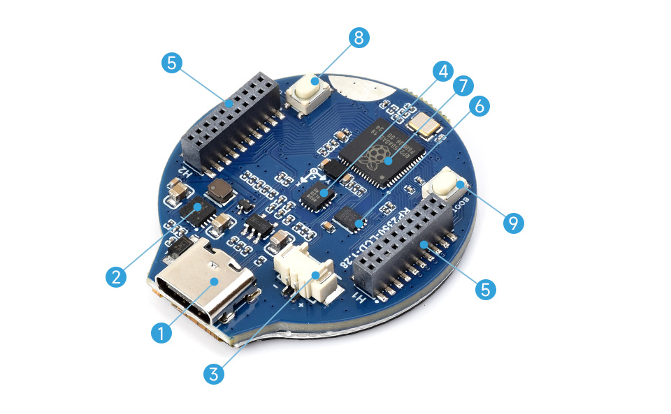 RP2350 MCU board with 1.28inch round LCD, onboard components