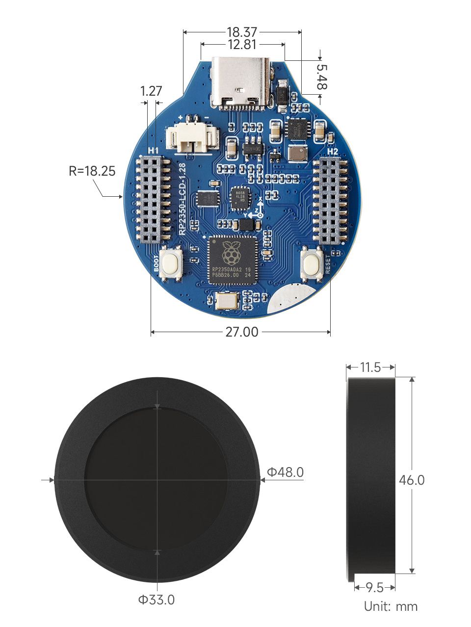 RP2350 MCU board with 1.28inch round LCD, outline dimensions