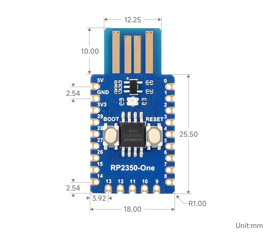 Waveshare RP2350-One MCU Board, outline dimensions