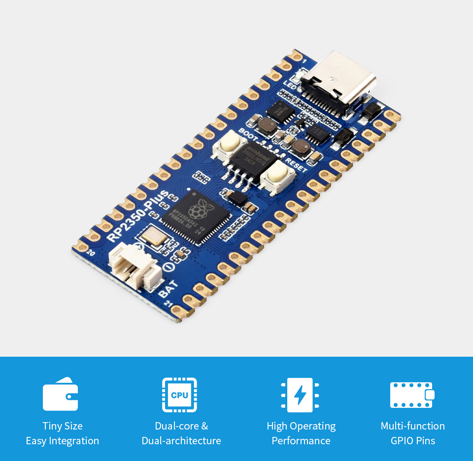 RP2350-Plus Mini Development Board, front view and features