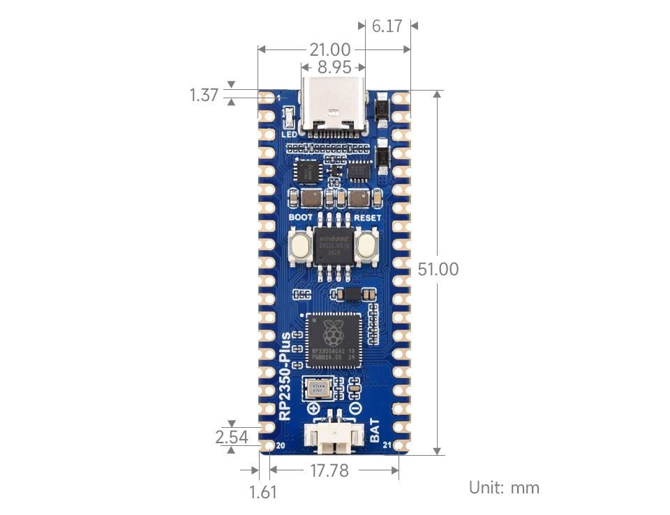 RP2350-Plus Mini Development Board, outline dimensions