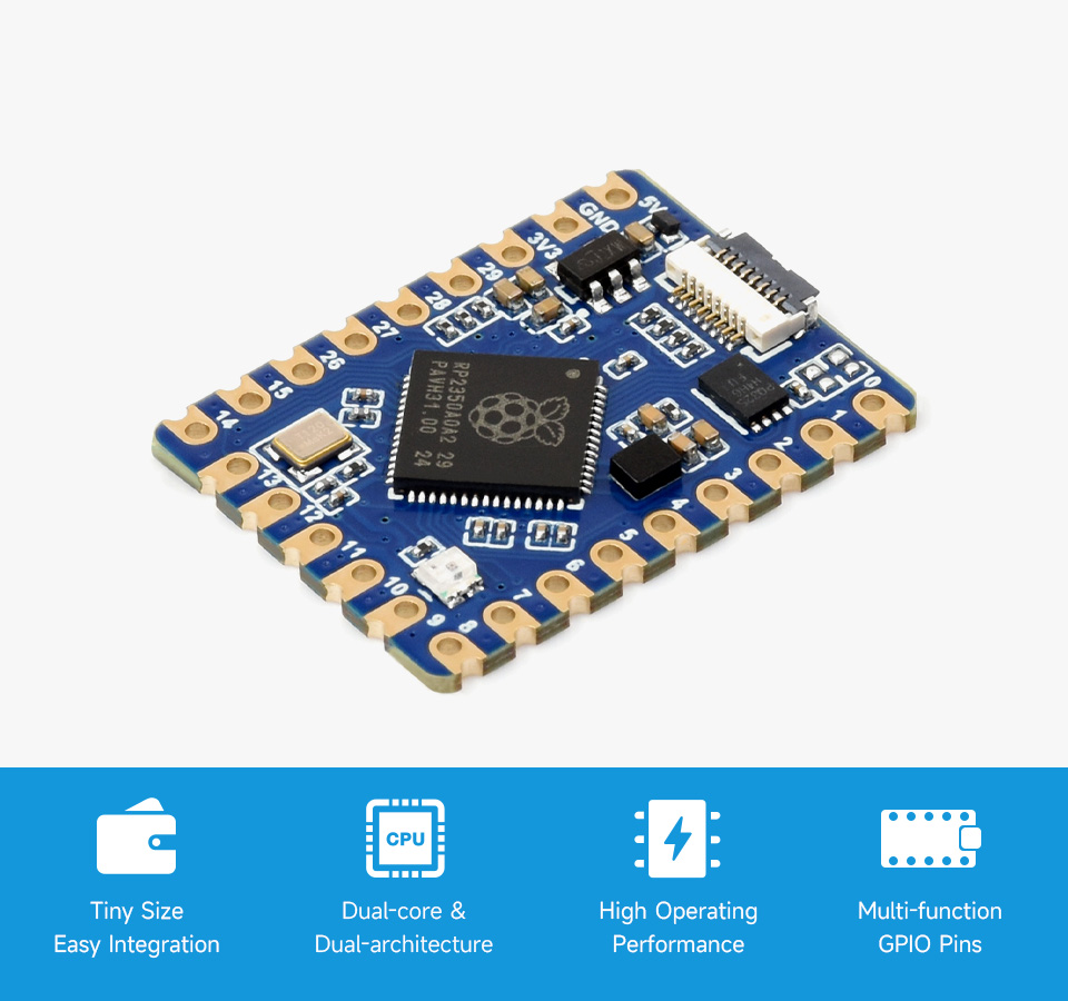 Waveshare RP2350-Tiny MCU Board, front view and features