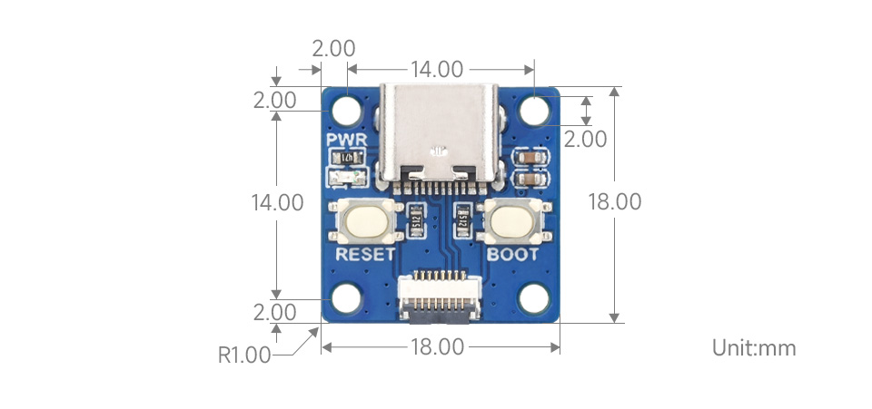 Waveshare RP2350-Tiny MCU Board, USB adapter outline dimensions