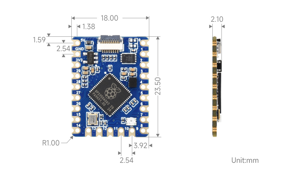 Waveshare RP2350-Tiny MCU Board, outline dimensions