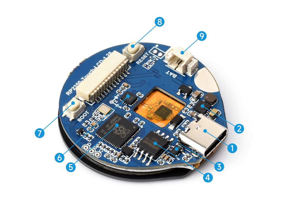 RP2350 MCU board with 1.28inch round touch LCD, onboard components