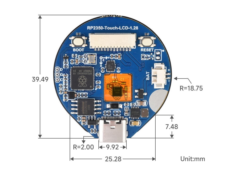 RP2350 MCU board with 1.28inch round touch LCD, without case outline dimensions