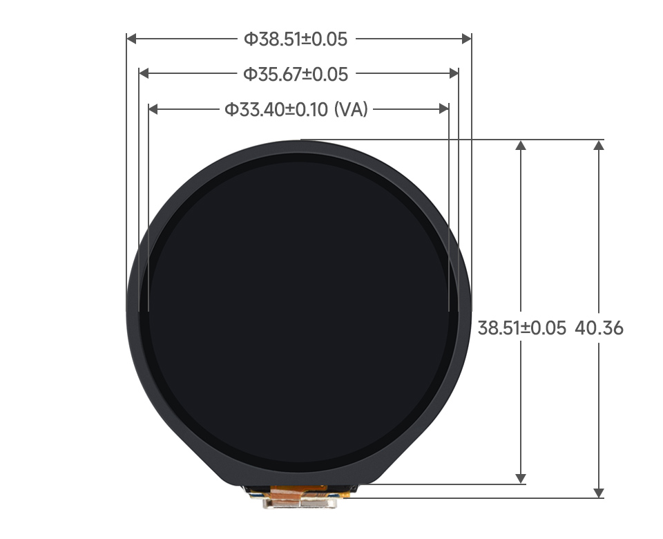 RP2350 MCU board with 1.28inch round touch LCD, without case outline dimensions