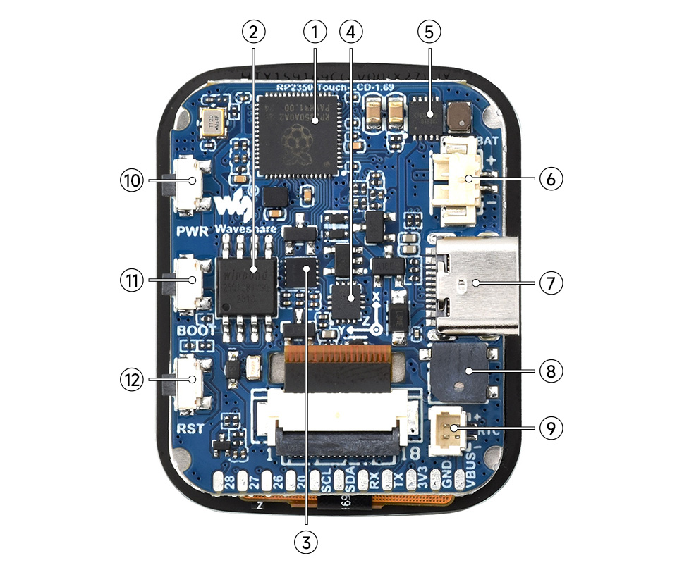 RP2350 1.69inch display development board, onboard components