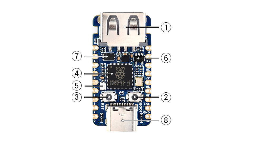 RP2350A USB Mini development board, onboard components