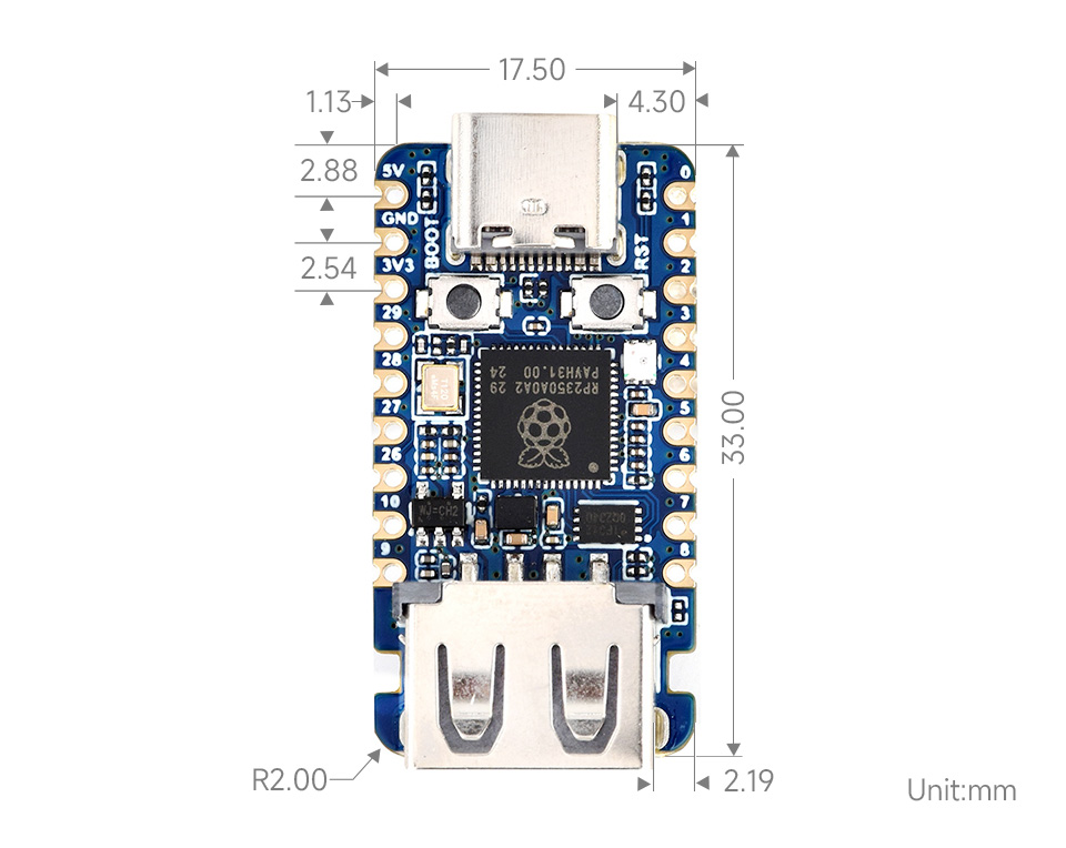 RP2350A USB Mini development board, outline dimensions