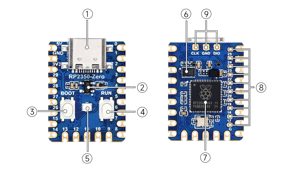 RP2350-Zero Mini Development Board, onboard components