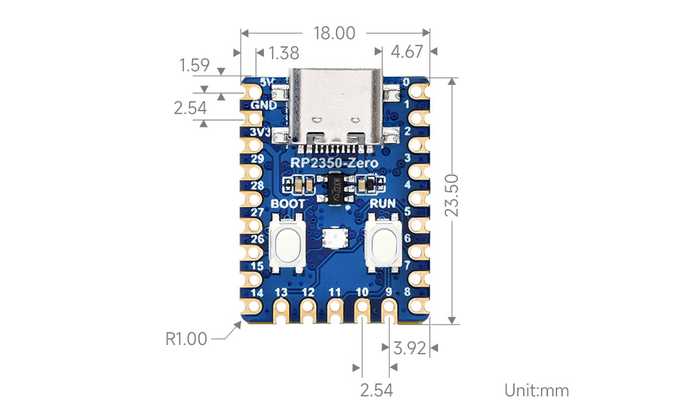 RP2350-Zero Mini Development Board, outline dimensions