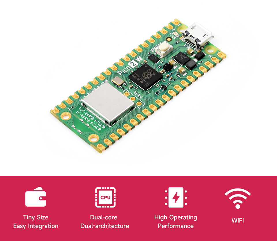 Raspberry Pi Pico 2 W, front view