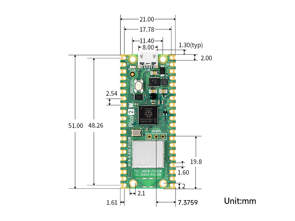 Raspberry Pi Pico 2 W, outline dimensions