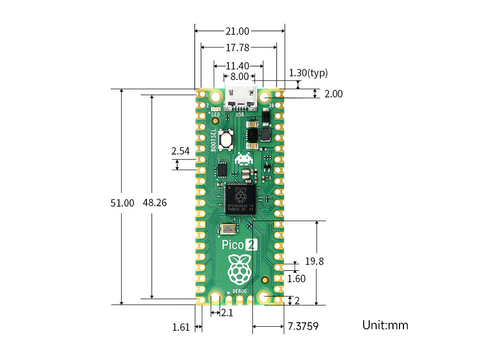 Raspberry Pi Pico 2, C/C++, outline dimensions