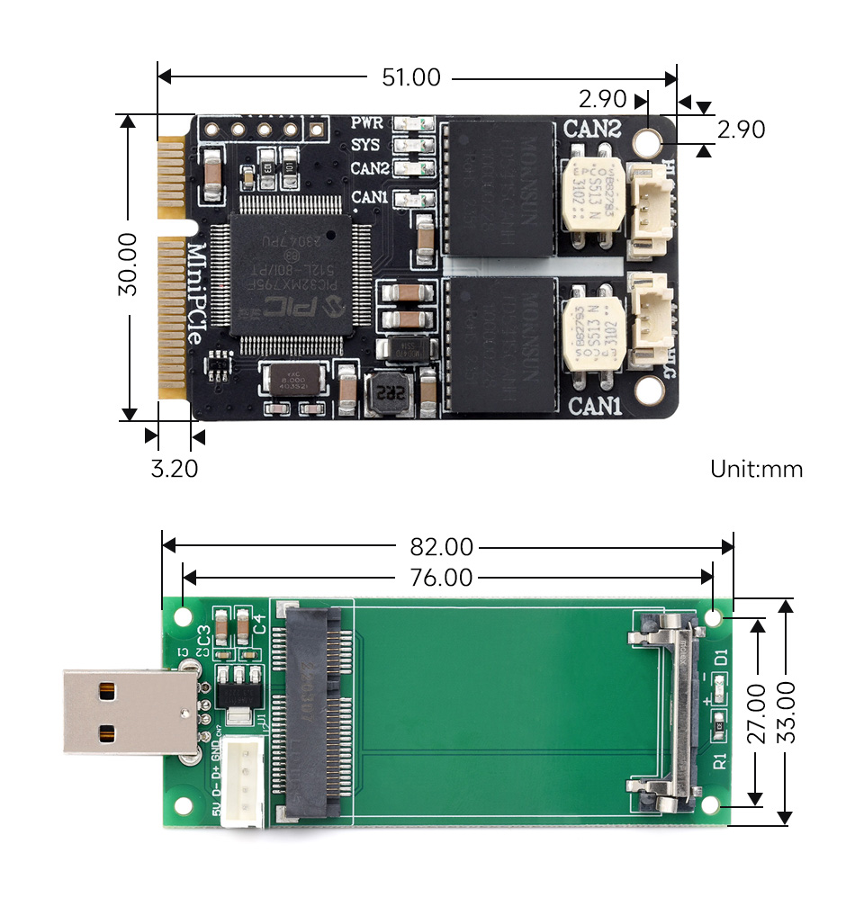 MiniPCIe interface to 2-CH CAN adapter, outline dimensions