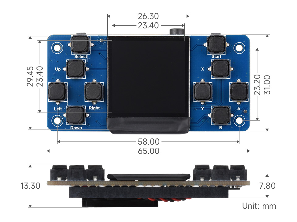 GamePi13 1.3inch LCD Game Console, outline dimensions