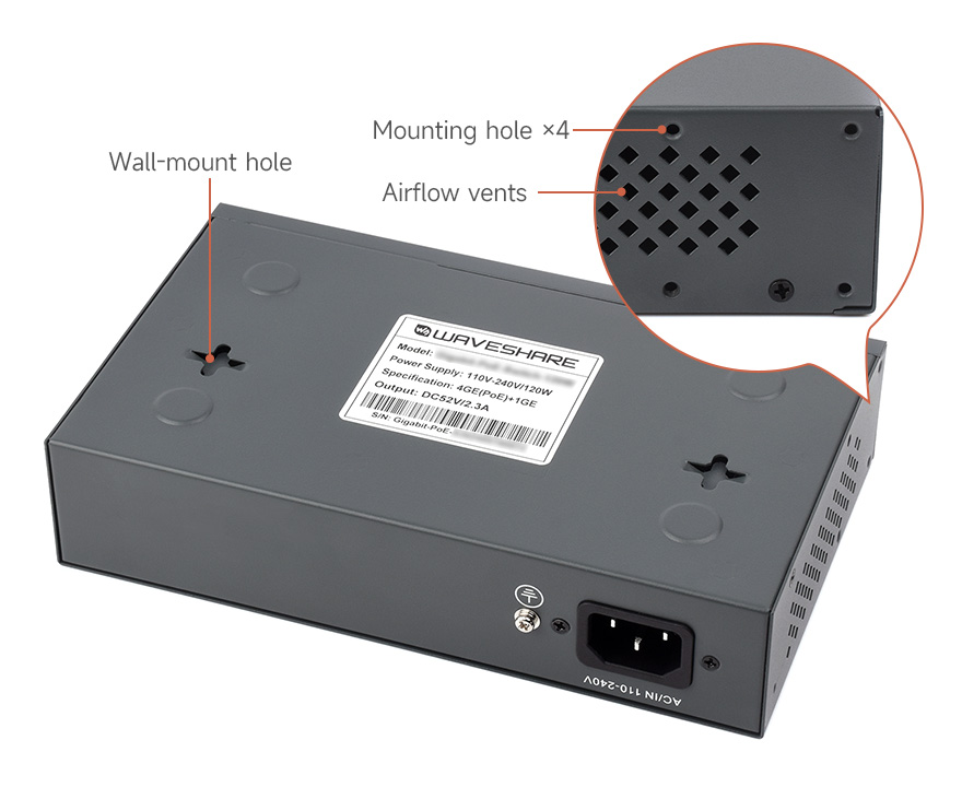 120W Gigabit Ethernet PoE Switch, onboard mounting holes