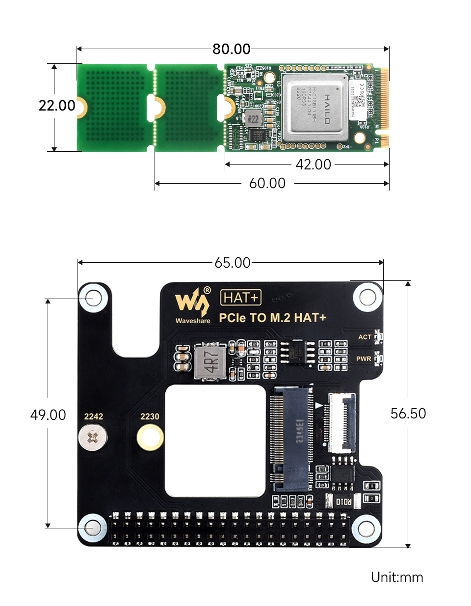 Hailo-8 M.2 AI Accelerator Module and PCIe TO M.2 HAT+ dimensions