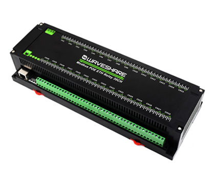 30-Ch Ethernet Relay Module, adopts rail-mounted ABS plastic enclosure, front view