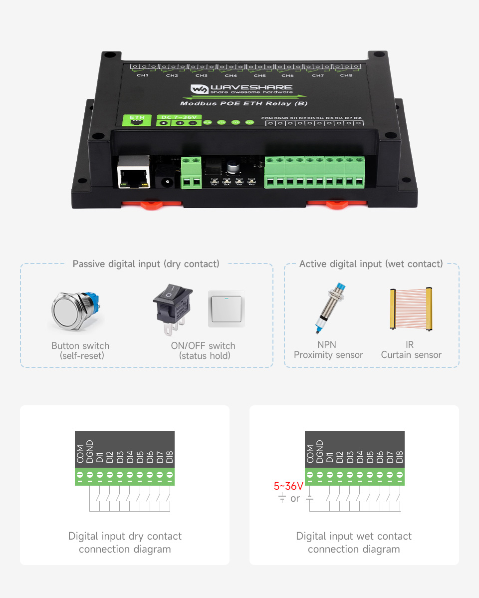 8-ch Ethernet Relay Module (B) With Digital Input, Modbus RTU/Modbus ...