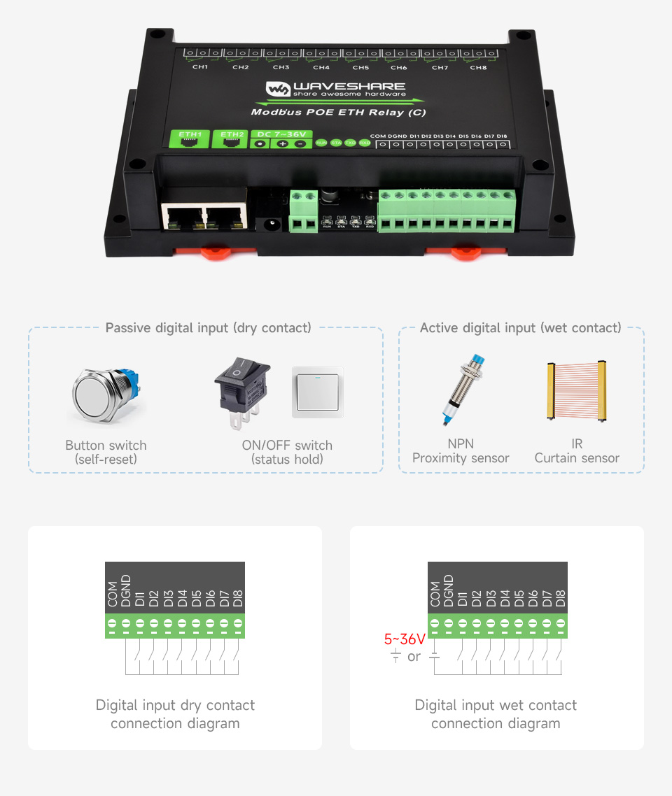 8-ch Ethernet Relay Module (C), digital input connection demo