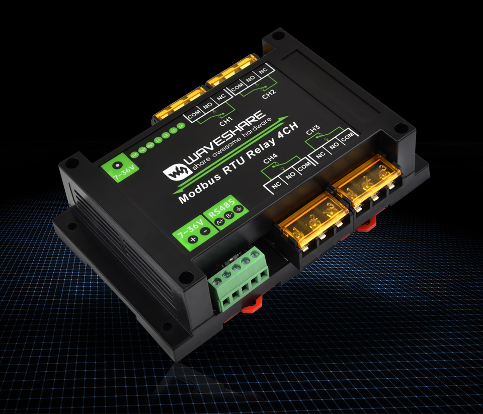 Industrial Modbus RTU 4-ch Relay Module, front view