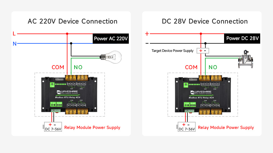 Industrial Modbus RTU 4-ch Relay Module, connection examples with load