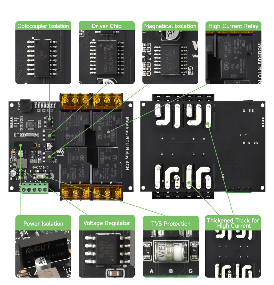 Industrial Modbus RTU 4-ch Relay Module, onboard components