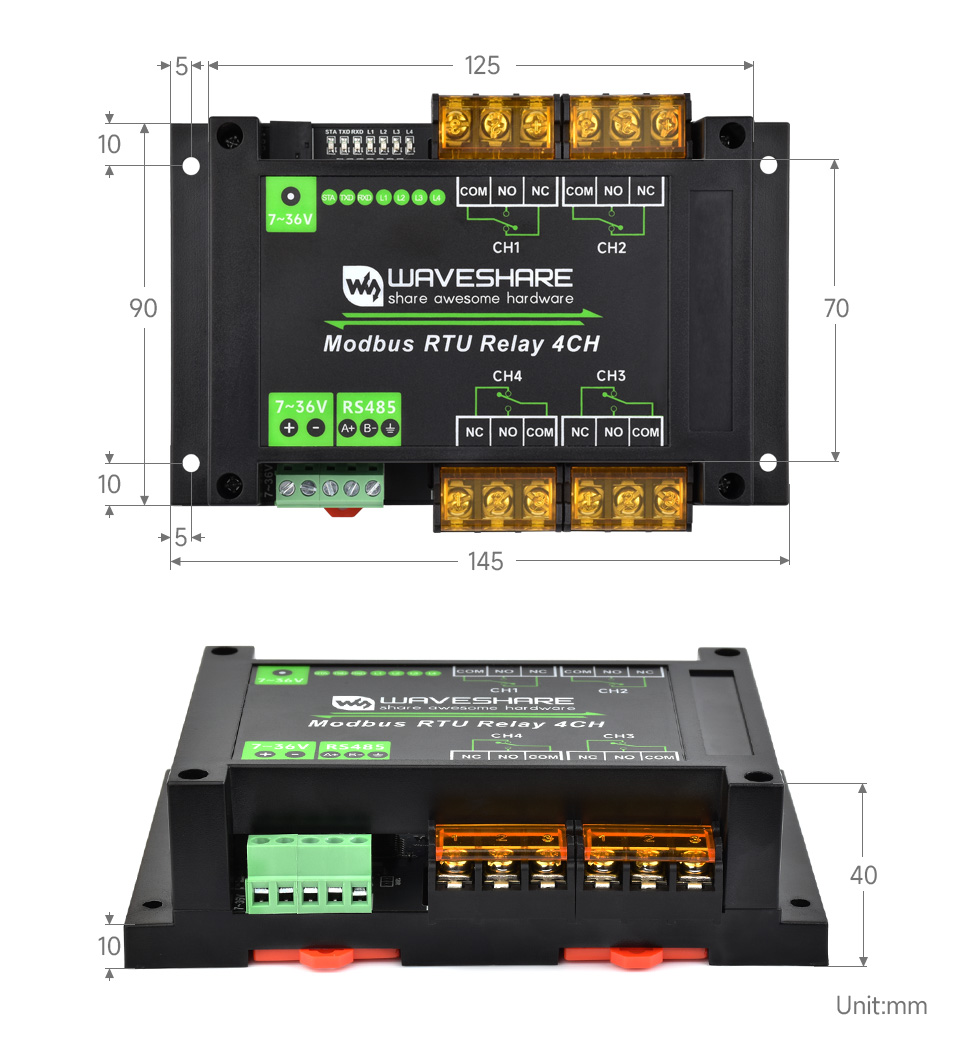 Industrial Modbus RTU 4-ch Relay Module, outline dimensions