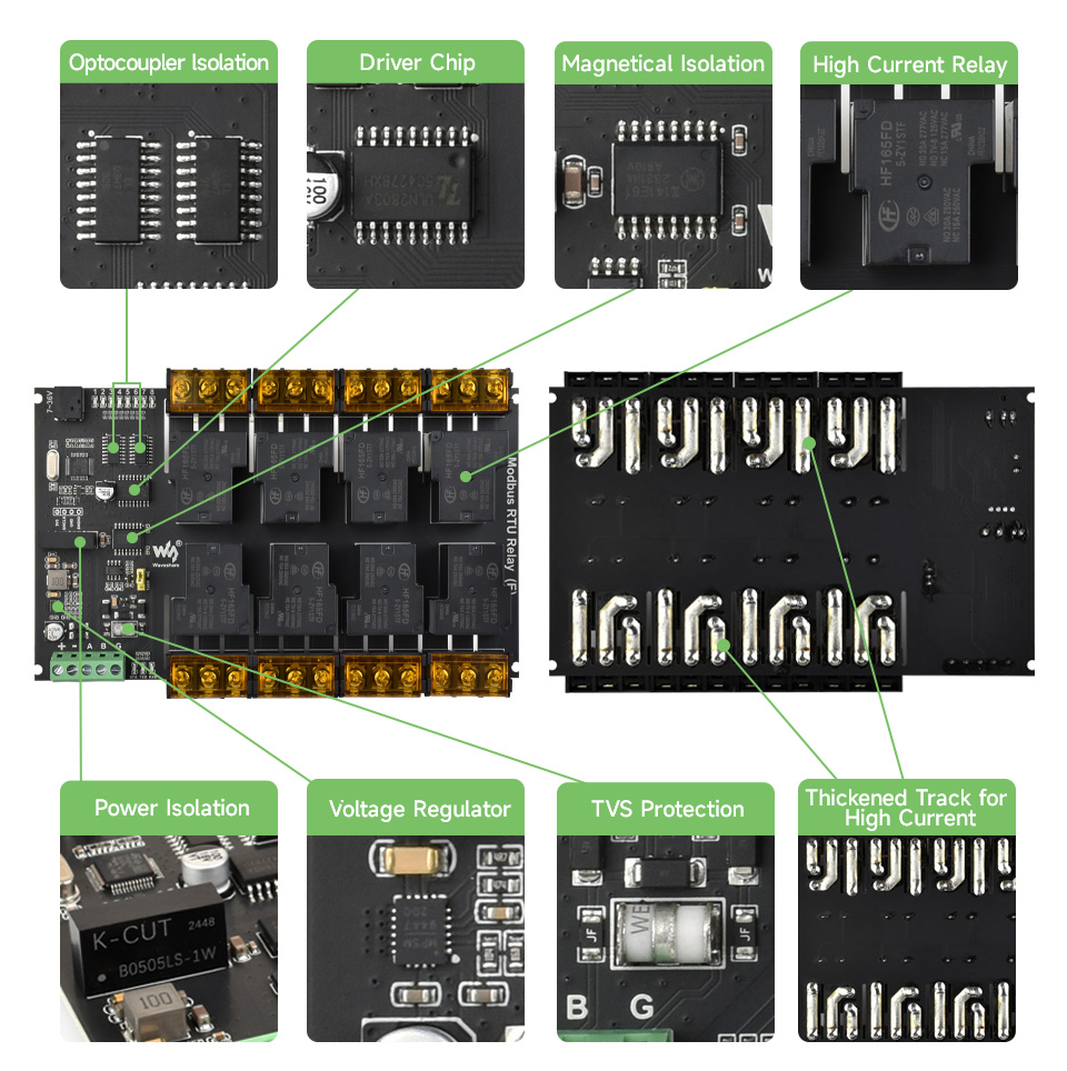 Industrial Modbus RTU 8-ch Relay Module (E), onboard components