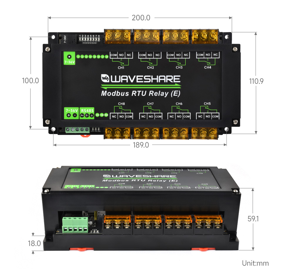 Industrial Modbus RTU 8-ch Relay Module (E), outline dimensions