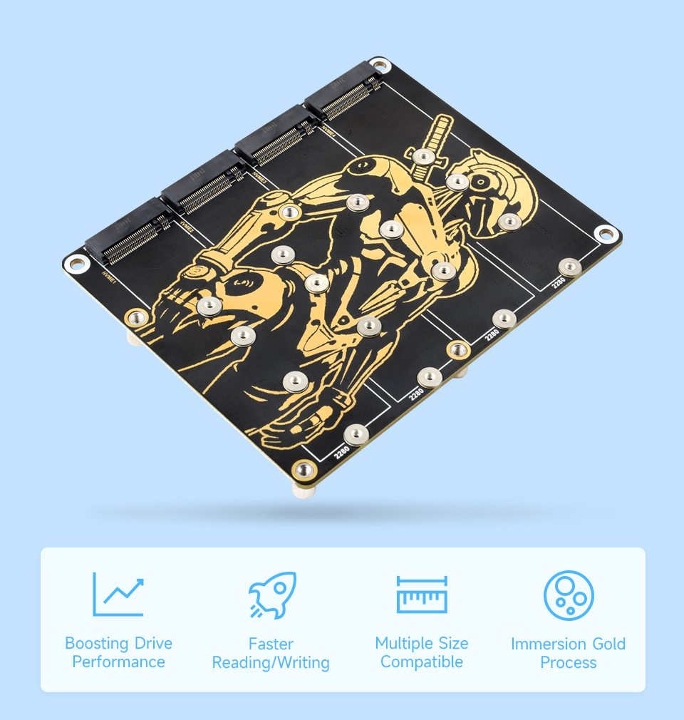 PCIe To 4-Ch M.2 Adapter Board for Raspberry Pi 5, front view and features