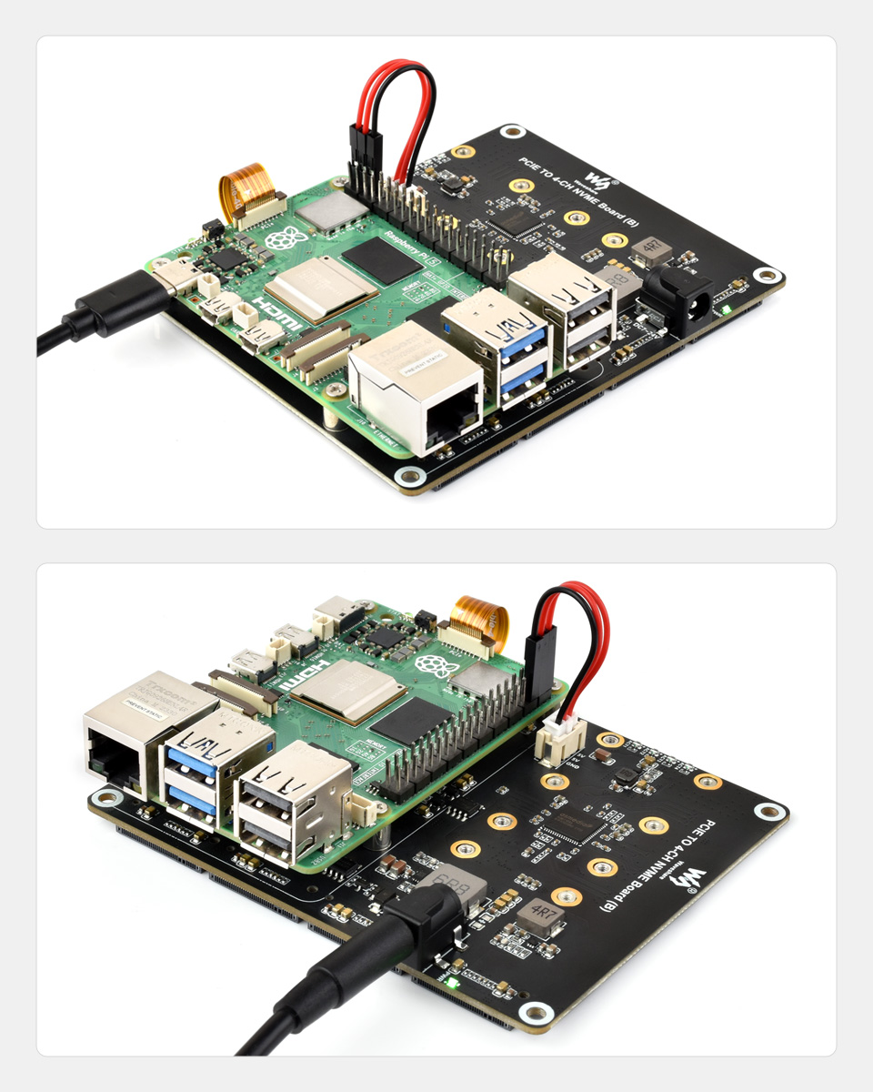 PCIe To 4-Ch M.2 Adapter Board for Raspberry Pi 5, supports powering the Raspberry Pi 5