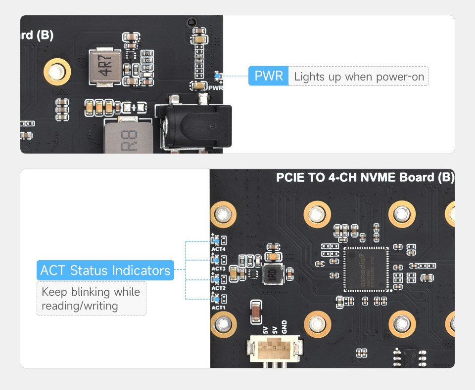 PCIe To 4-Ch M.2 Adapter Board for Raspberry Pi 5, onboard LED indicators