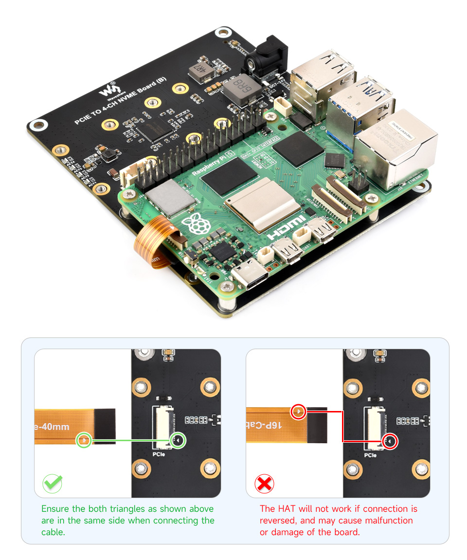 PCIe To 4-Ch M.2 Adapter Board for Raspberry Pi 5, connecting to PI5 via 16PIN cable