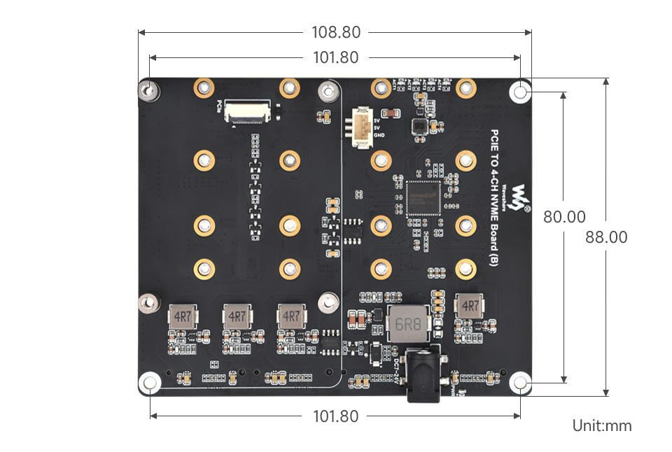 PCIe To 4-Ch M.2 Adapter Board for Raspberry Pi 5, outline dimensions