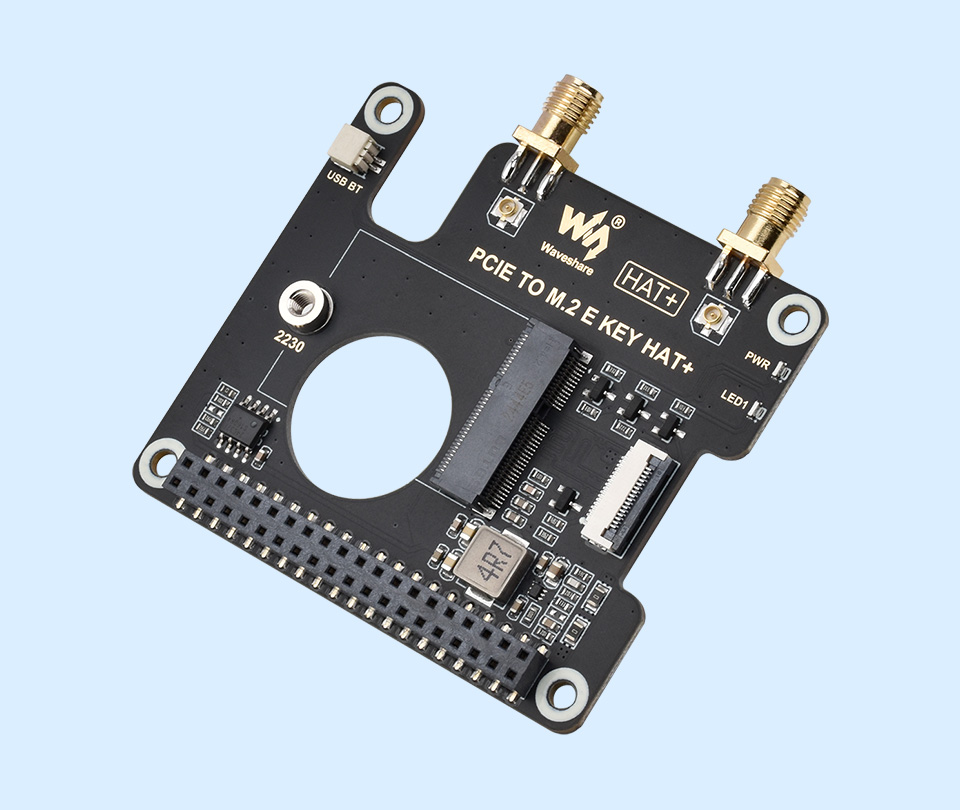 PCIe To M.2 E KEY Adapter for Raspberry Pi 5, front view and features