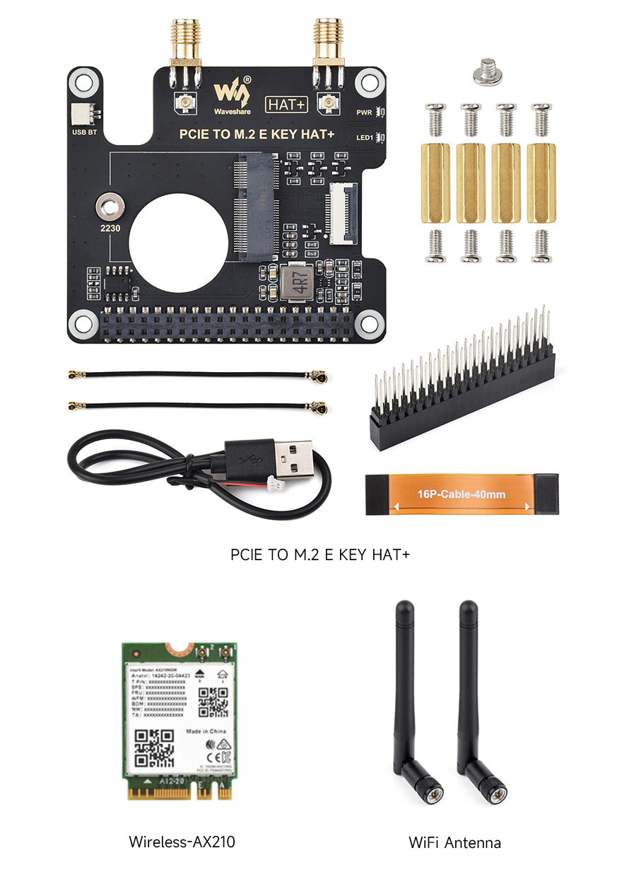 PCIe To M.2 E KEY Adapter for Raspberry Pi 5, PCIE TO M.2 E KEY HAT+ Acce A