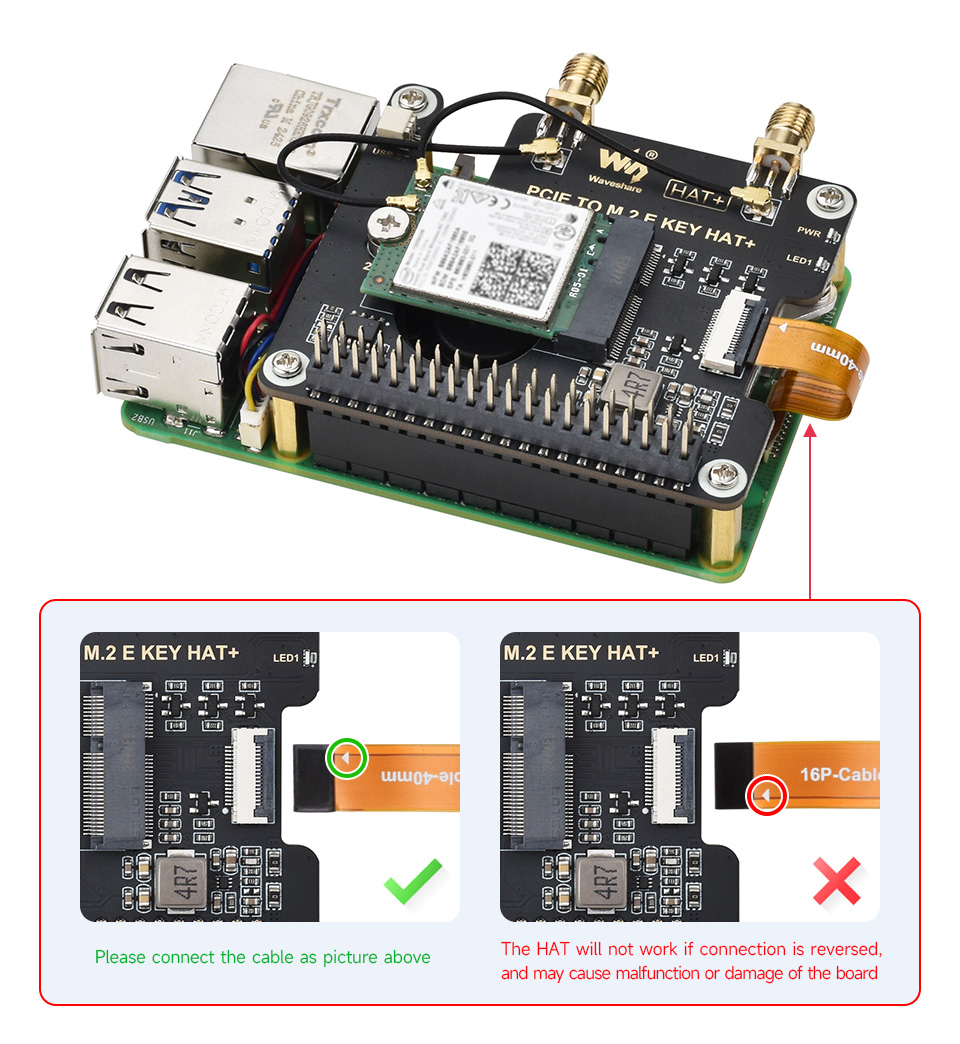 PCIe To M.2 E KEY Adapter for Raspberry Pi 5, connecting to PI5 via 16PIN cable