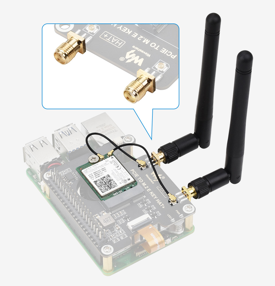 PCIe To M.2 E KEY Adapter for Raspberry Pi 5, onboard SMA female antenna connector