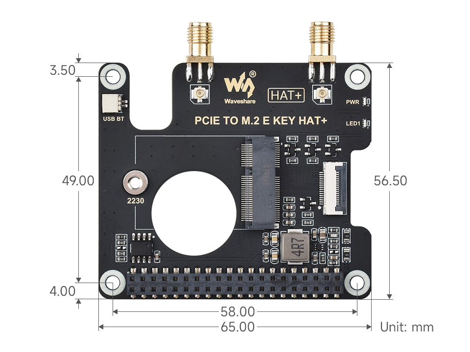 PCIe To M.2 E KEY Adapter for Raspberry Pi 5, outline dimensions