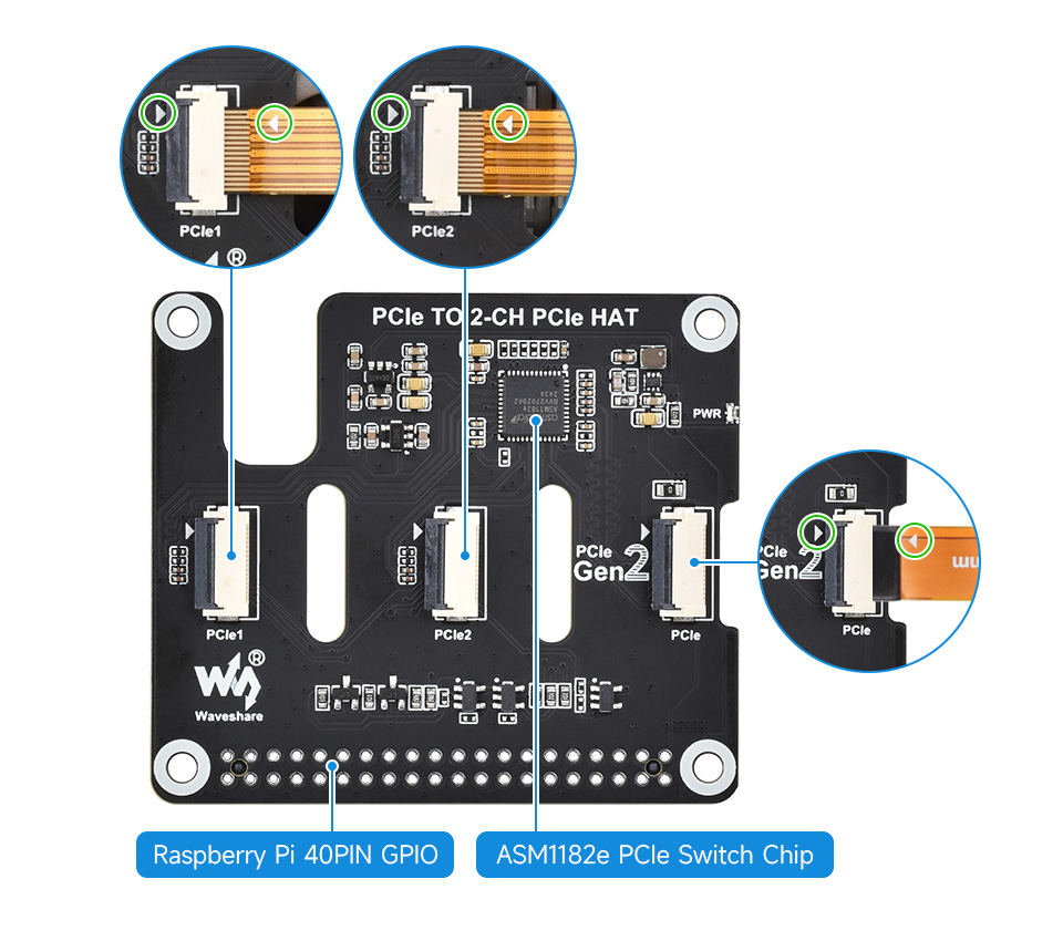 PCIe TO 2-CH PCIe HAT for Raspberry Pi 5, onboard power monitoring chip and EEPROM