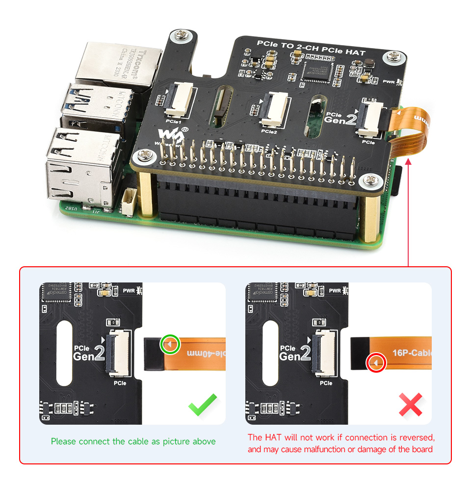 PCIe TO 2-CH PCIe HAT for Raspberry Pi 5, connecting to PI5 via 16PIN cable