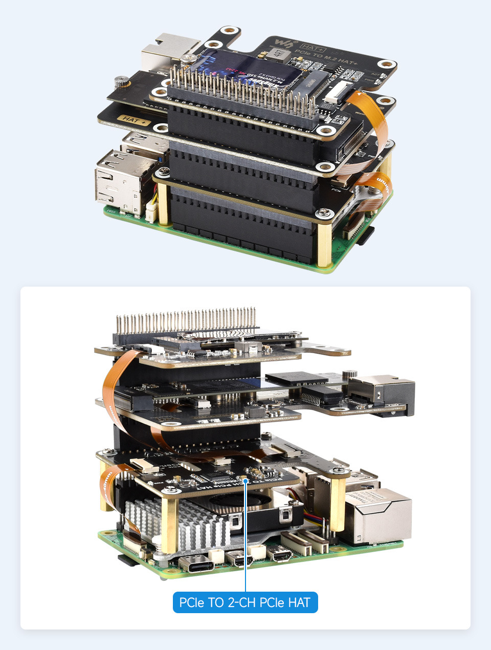 PCIe TO 2-CH PCIe HAT for Raspberry Pi 5, supports expanding multiple PCIe HATs