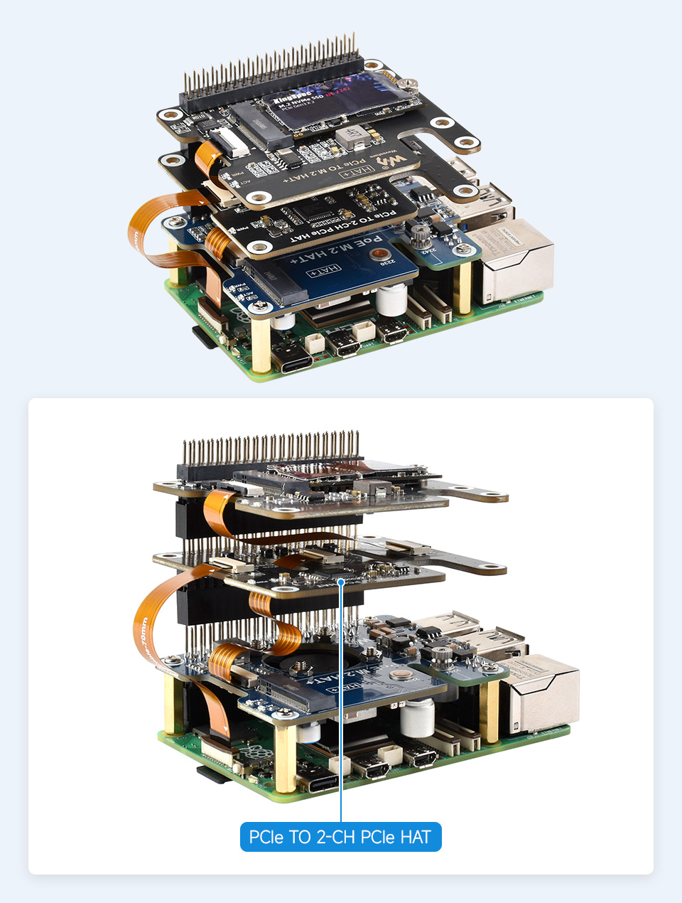 PCIe TO 2-CH PCIe HAT for Raspberry Pi 5, supports expanding PCIe HAT with PoE function