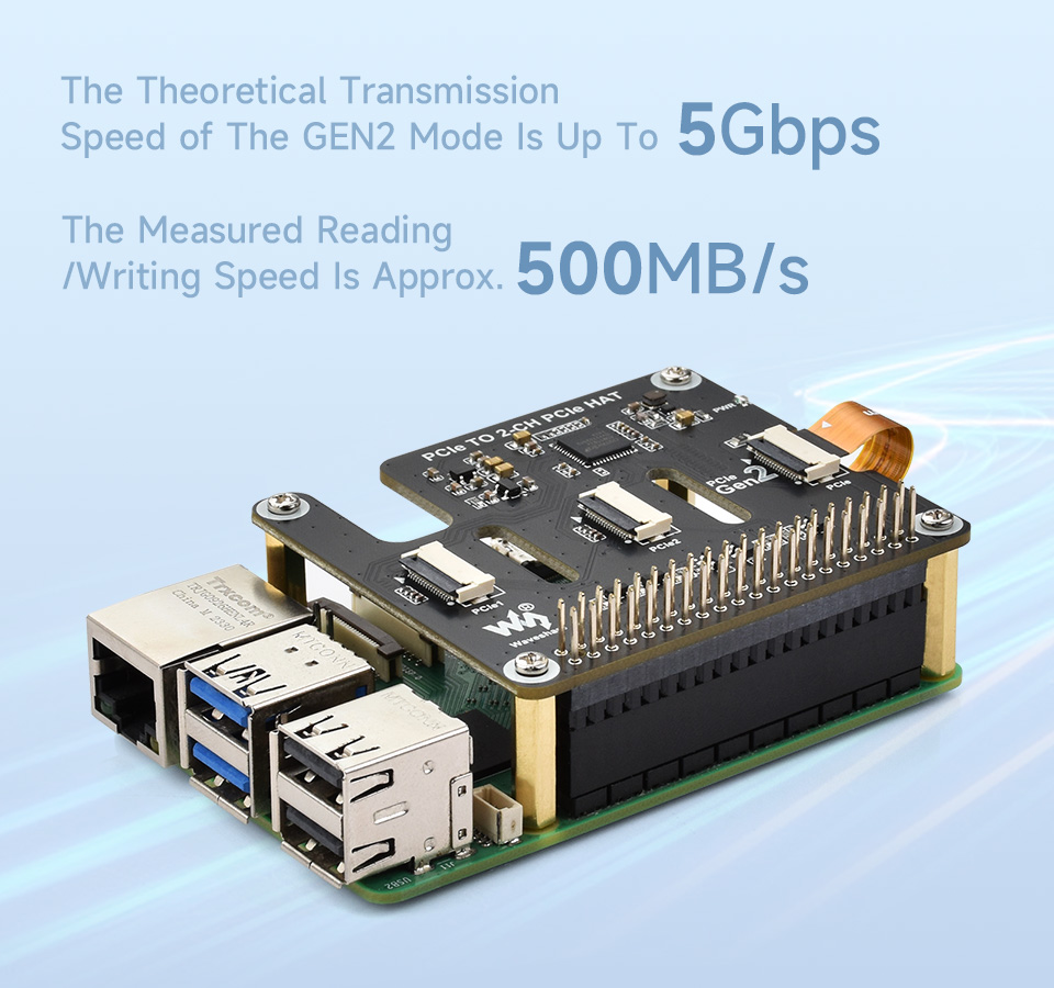 PCIe TO 2-CH PCIe HAT for Raspberry Pi 5, supports PCIe Gen2 transmission speed