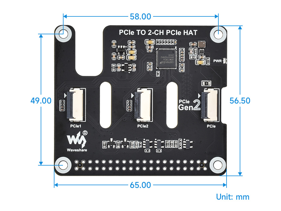 PCIe TO 2-CH PCIe HAT for Raspberry Pi 5, outline dimensions