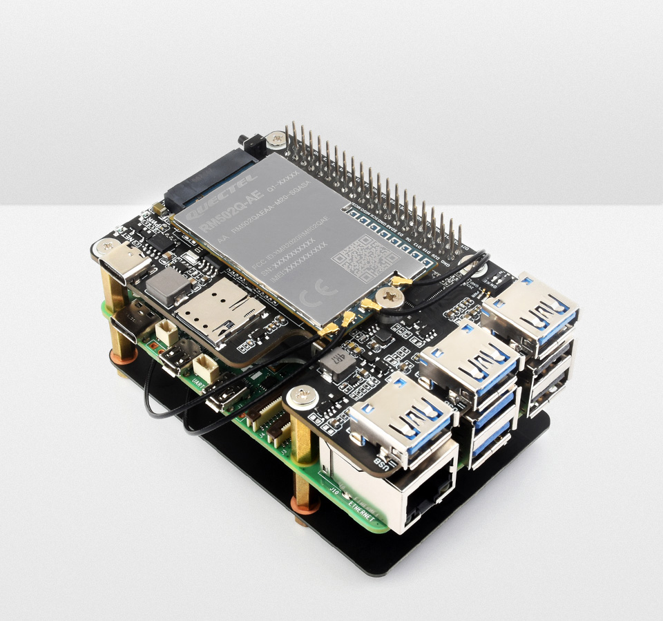 PCIe to M.2 4G/5G And USB 3.2 HAT for Raspberry Pi 5, front view, connecting with Raspberry Pi 5