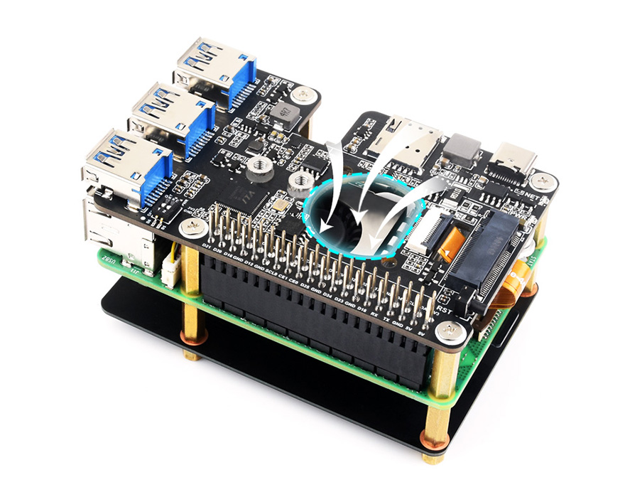 PCIe to M.2 4G/5G And USB 3.2 HAT for Raspberry Pi 5 with reserved airflow vent for cooling fan